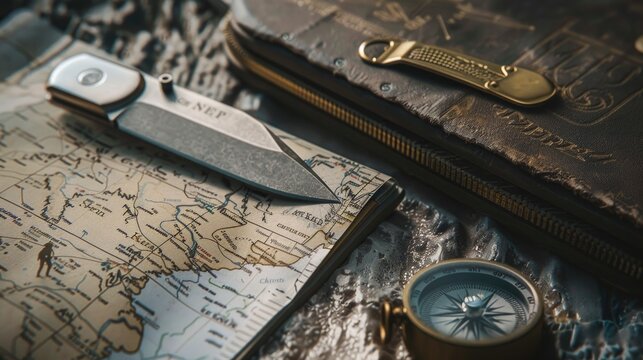 Compact hiking pocket knife in hyperrealistic detail, alongside a trail map and compass