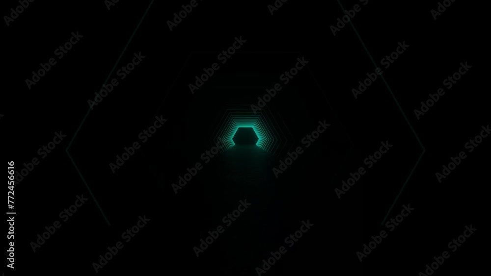 Poster a man is walking through a dark tunnel illuminated by neon tube lights. the tunnel has futuristic sc