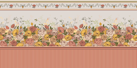 Horizontal endless wall decoration. Flowers, roses, blooms, buds, leaves, plants. Classic fresco, wallpaper. Chic, elegant wall art.