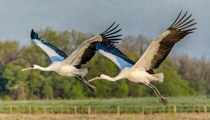 Two whooping crane birds - Grus americana - is an endangered crane species, native to North America named for its whooping calls flying in flight with blue sky and tree line background - obrazy, fototapety, plakaty
