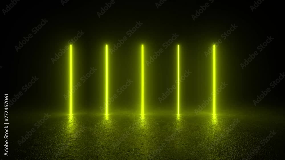 Poster a continuous loop of neon tube lights glowing on a concrete floor in a dark room, creating a futuris
