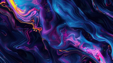 dynamic and vivid abstract fluid art painting with a mix of bright neon colors and dark hues, creating a sense of movement and energy
