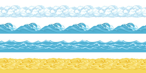 Set of horizontal seashore seamless patterns. Yellow sand, blue sea waves and clouds. Beach design elements. Vector cartoon illustration.
