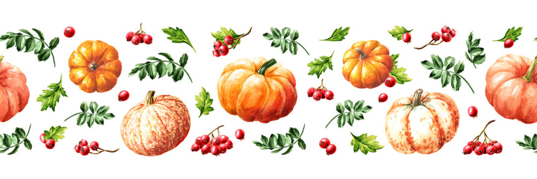 Autumn pumpkin border, Hand drawn watercolor seamless pattern isolated on white background