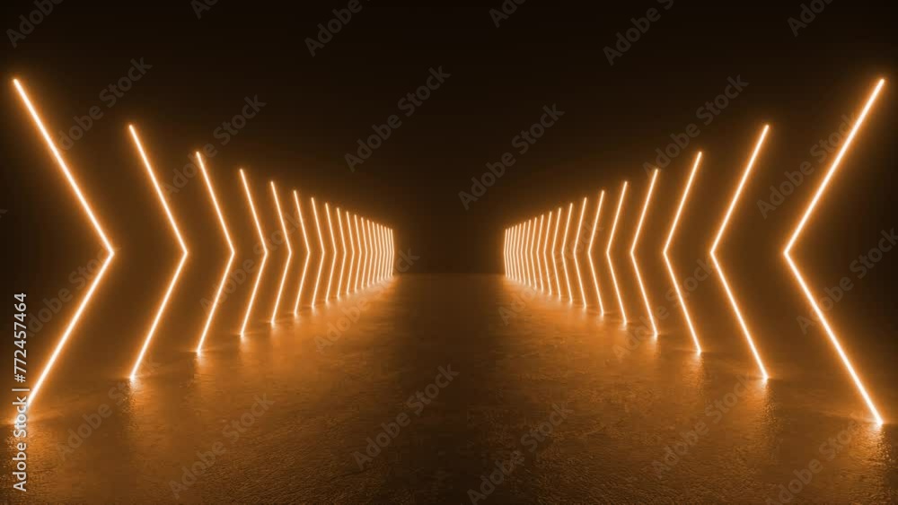 Poster 4k animation loop futuristic sci fi lines orange neon tube lights glowing in concrete floor room wit