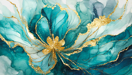 Watercolor fluid illustration of beautiful flower. Teal, blue and gold liquid. Alcohol ink. Abstract painting.