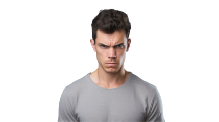 A man with facial hair and beard wearing a grey tshirt is scowling and making an angry gesture. His jaw is clenched and his chest is tight under the shirts sleeve on transparent