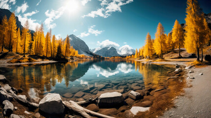   Awesome sunny autumn day at mountain lake surrounded  reflections in the water , Generate AI - obrazy, fototapety, plakaty