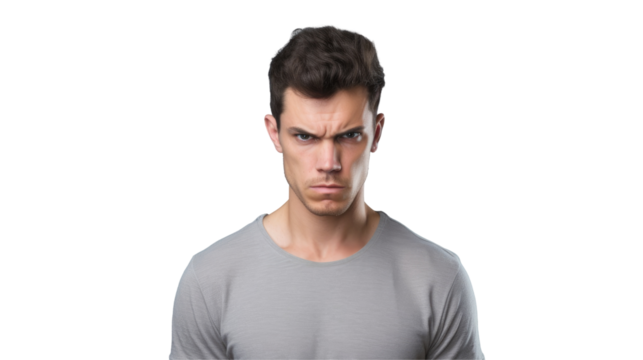 A man with facial hair and beard wearing a grey tshirt is scowling and making an angry gesture. His jaw is clenched and his chest is tight under the shirts sleeve on transparent