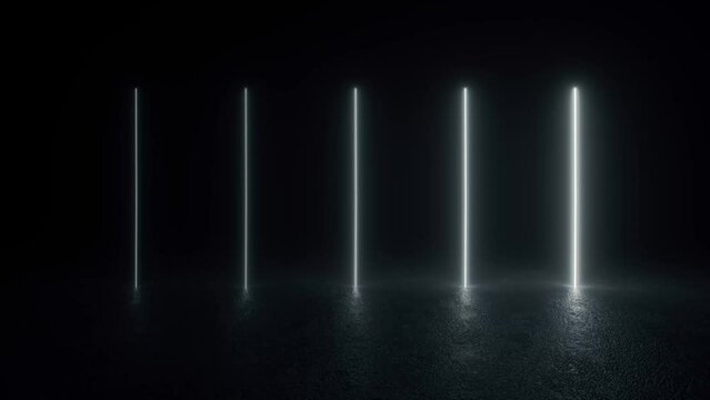 A black and white photo showcasing a row of futuristic neon tube lights glowing on a concrete floor. Glowing neon lines. 4K 3D Animation Loop