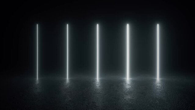 A dark room featuring neon tube lights glowing in the concrete floor, leading towards a bright light at the end of the room.