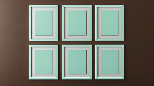 Nine minimalist art gallery poster frame mockups in pastel mint, arranged in a three-by-three grid on a solid dark chocolate wall