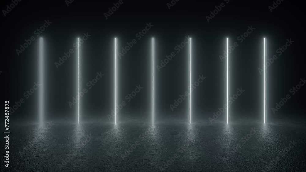 Poster a black and white photo showcasing a row of neon tube lights glowing in a concrete floor, creating a