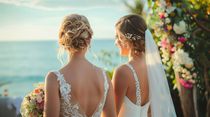 Two brides. Lesbian wedding. Gay pride. Lesbian pride. LGBTQIA+ queer wedding. Partner union celebration 