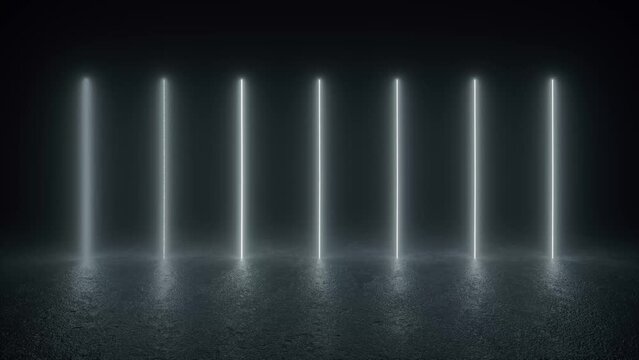 A black and white photo showcasing a row of neon tube lights glowing in a concrete floor, creating a futuristic and sci-fi atmosphere. 4K 3D Animation Loop Futuristic Sci Fi Lines