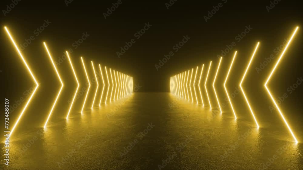 Poster explore a futuristic tunnel lit with yellow neon lights. the lights create a glowing ambiance in the
