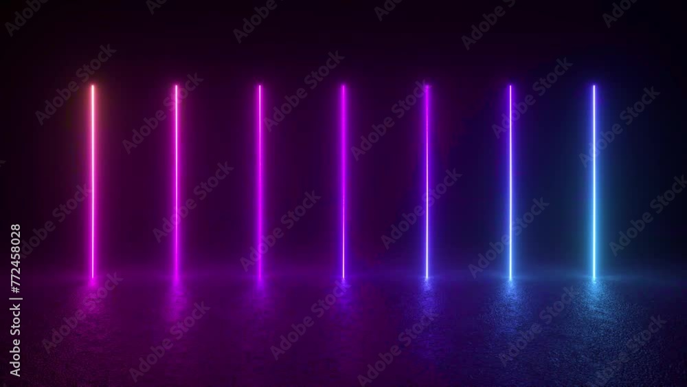 Poster a row of neon lights glow in a dark room, casting a futuristic ambiance over the concrete floor. 4k 