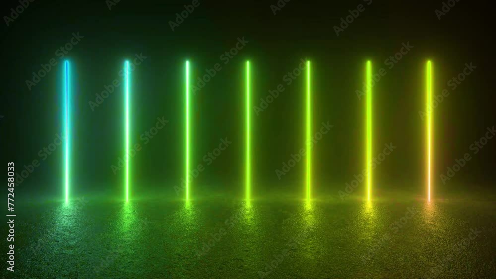 Poster a row of neon lights glowing on a concrete floor in a dark room, creating a futuristic and sci-fi am