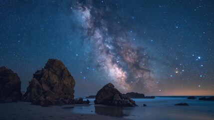 A magnificent view of the Milky Way galaxy stretching above large rocks on a peaceful beach under a star-studded sky, showcasing the beauty of the cosmos