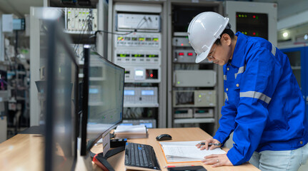 Engineer working at control room,Manager control system,Technician man monitoring program from a...