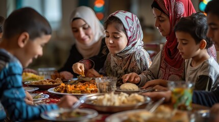Family gathered around table for the iftar meal in Ramadan