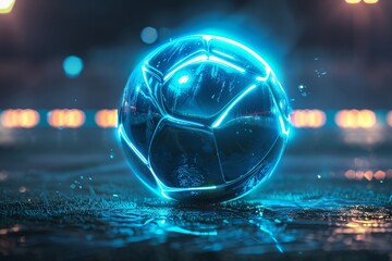 Futuristic soccer ball, glossy with neon seams, glowing stadium aura, wide banner, space for text - obrazy, fototapety, plakaty