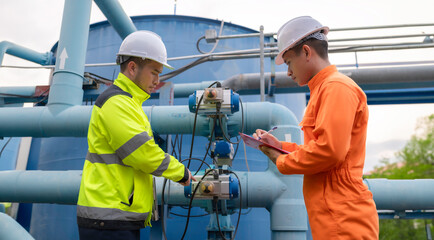 Engineer and technician maintenance checking technical data of system equipment Condenser Water...