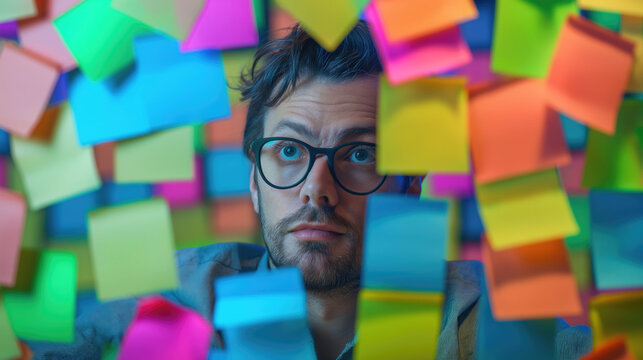 Overworked man office worker covered with post-it notes thoughtfully looking at sticky papers