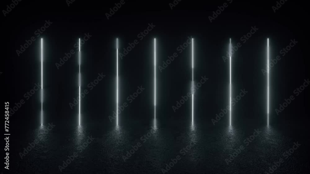 Poster a dark room illuminated by a row of white lights on a concrete floor, creating a futuristic and sci-