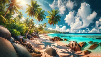 Sunlit Tropical Beach with Lush Palms and Rocks. Generative AI. - obrazy, fototapety, plakaty