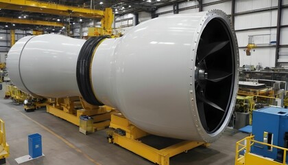 large wind turbine component undergoes assembly in a busy industrial manufacturing facility factory created with generative ai