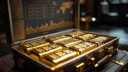 Gold ingots in open suitcase, performance graph in background, inflation hedge visual, sharp detail