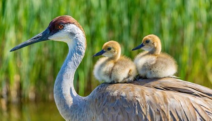 Obraz premium sandhill crane - Antigone canadensis - adult with two baby colts resting on top of parents back at edge of water in full sun in wetland habitat