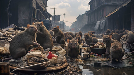 Dirty city streets, lots of rats eating leftover food, piles of rubbish, small and large rats ,...