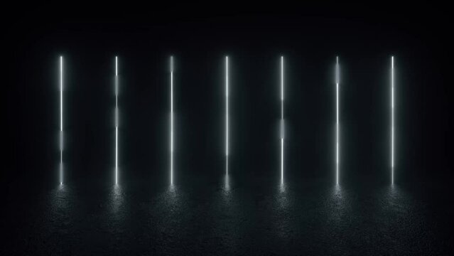 A dark room illuminated by a row of white lights on a concrete floor, creating a futuristic and sci-fi ambiance. 4K 3D Animation Loop Futuristic Sci Fi Lines