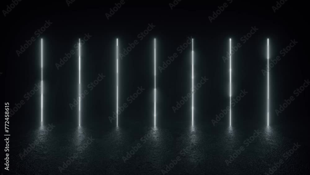 Poster a 3d animation loop featuring a row of futuristic neon tube lights glowing on a concrete wall in a d