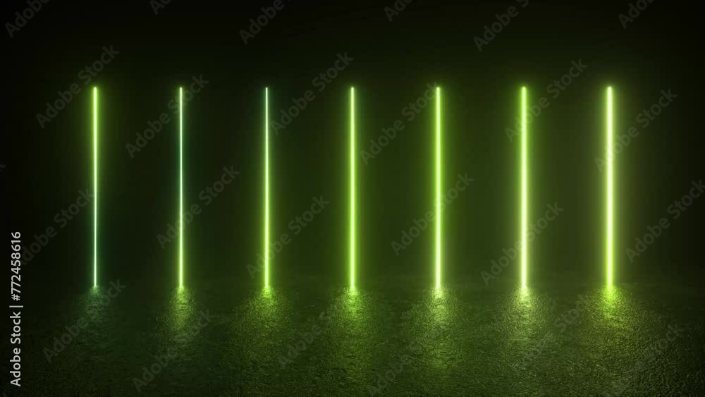 Poster a continuous loop of futuristic neon tube lights glowing on a concrete floor in a dark room. 4k 3d a