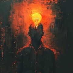 Hand drawn figure with a light bulb above, front view, soft glow, symbolizing a sudden inspiration  - obrazy, fototapety, plakaty