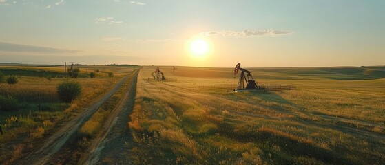 A breathtaking golden sunset envelops an oil field, providing a stark contrast to the rural tranquility of the surrounding farmland.