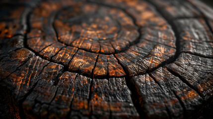 A close up of a piece of wood with a burnt surface. AI.