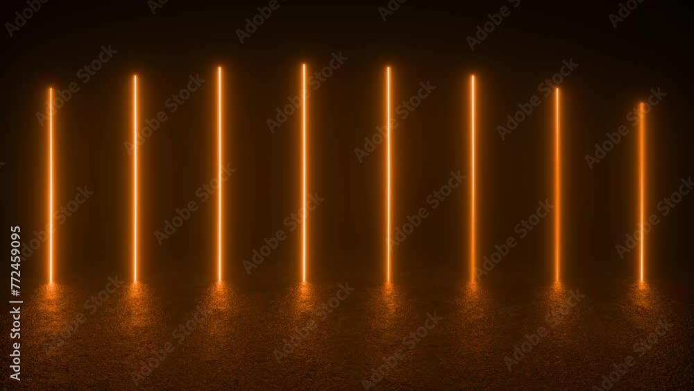 Poster a loop of yellow neon tube lights glowing in a dark room on a concrete floor. 4k 3d animation loop f