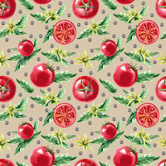 Pattern with tomatoes and flowers in watercolor illustration on a white background. Hand drawn illustration pattern for fabrics, packaging, cookbooks.