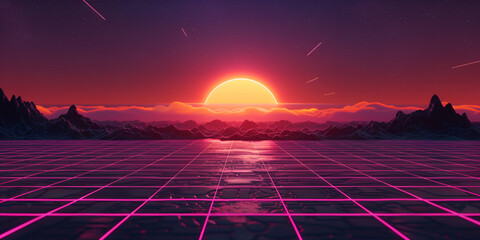 synthwave vibes , neon grids sunrise, solar system for crops, power generators - obrazy, fototapety, plakaty