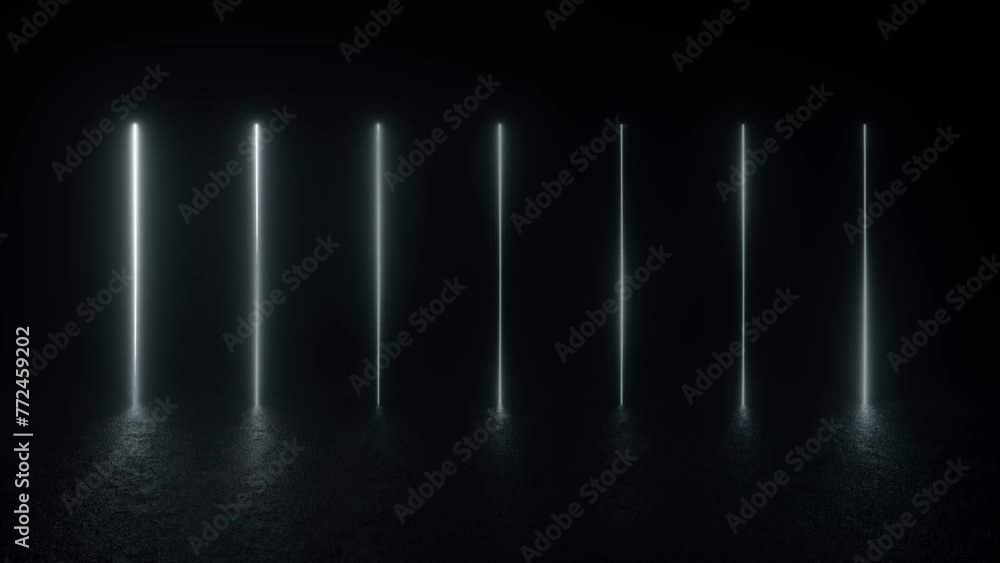 Poster a dark room featuring a row of white lights, casting a futuristic and neon glow on a concrete floor.