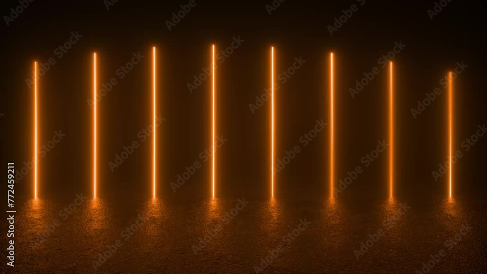 Poster a continuous row of blue neon tube lights glowing in the dark, set in a concrete floor. the lights c