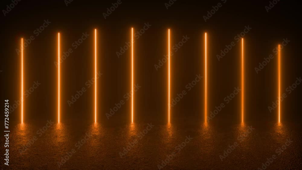 Poster multiple blue neon tube lights glow in a dark room with concrete floors, creating a futuristic sci-f