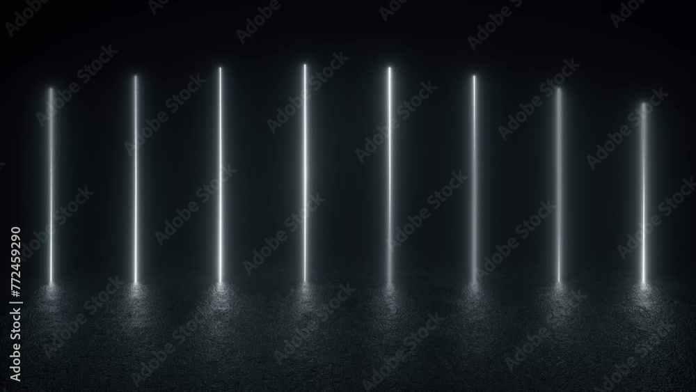 Poster a 3d animation loop of futuristic neon tube lights glowing in a dark room on a concrete floor. 4k 3d