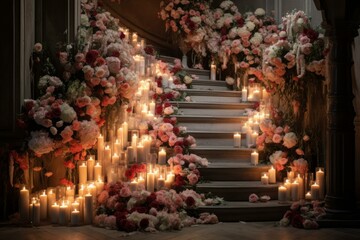 Fototapeta na wymiar Stairs candles flowers. Romantic rustic. Generate Ai