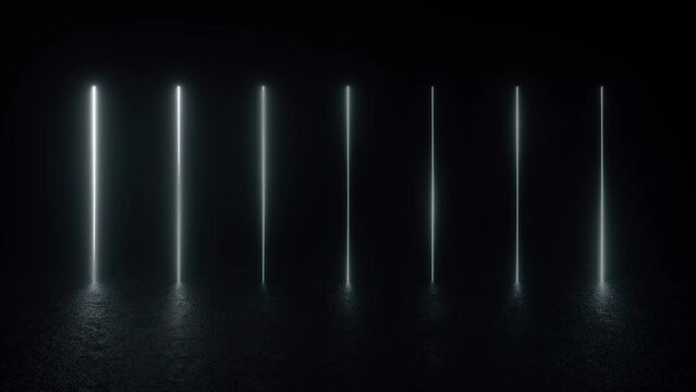 A dark room featuring a row of white lights, casting a futuristic and neon glow on a concrete floor. 4K 3D Animation Loop Futuristic Sci Fi Lines