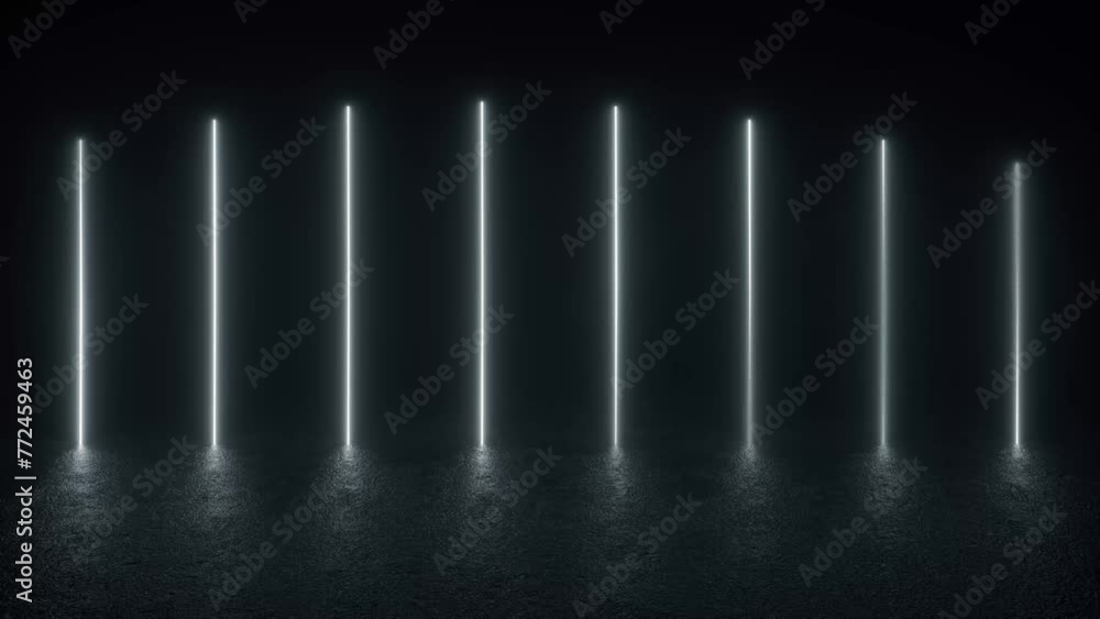 Poster a 3d animation loop featuring futuristic neon tube lights glowing in a dark room on a concrete floor